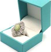 Darling 7.75CTS Oval Shaped Cabochon-Cut Natural Emerald & 2.35CTW Round Single-Cut Faceted White Sa