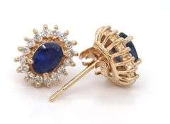 14kt Yellow gold oval blue sapphire halo diamond stud earrings