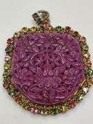 Massive 97.80ct Hand-Carved Natural Ruby Pendant with 1.28ct Diamonds & 6.00ct Tourmaline in Sterlin