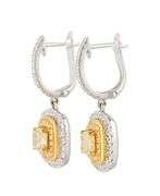 New 1.20ctw Cushion Fancy Yellow Diamond Double Frame Drop Earrings in 18K