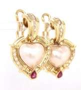 18kt Yellow gold heart mabe pearl, ruby and diamond accent earrings