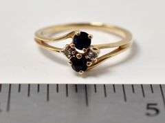 Pretty 10K Yellow Gold Blue Sapphire Gemstone and Diamond Ring