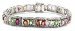 Sparkling 13.75CTW Oval Emerald-Cut Multi Colored Tourmaline & 2.02CTW Diamond Bracelet in 14K White