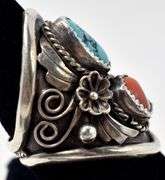 Turquoise and Coral Gemstone Ring in Sterling Silver