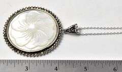 Mother of Pearl and Marcasite Gemstone Pendant Necklace in Sterling Silver