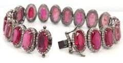 Darling 59.98CTW Oval Faceted Rubies & 5.27CTW Diamond Bracelet in 14K White Gold Over Sterling Silv
