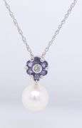 10kt White gold Pearl, Tanzanite and diamond pendant on chain