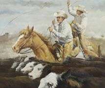 Large Original Oil on Canvas Cowboys Herding Cattle Framed