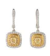 New 1.20ctw Cushion Fancy Yellow Diamond Double Frame Drop Earrings in 18K
