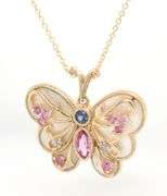 14kt Yellow gold mother of pearl and multi gemstone butterfly pendant on chain