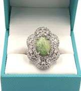 Darling 7.75CTS Oval Shaped Cabochon-Cut Natural Emerald & 2.35CTW Round Single-Cut Faceted White Sa