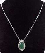 Marvelous 5.00CTS Oval Cabochon-Cut Chalcedony & Sapphire Gemstone Pendant Necklace in Sterling Silv