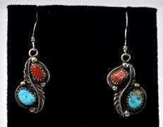 Turquoise and Coral Gemstone Dangle Earrings in Sterling Silver