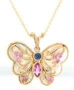 14kt Yellow gold mother of pearl and multi gemstone butterfly pendant on chain