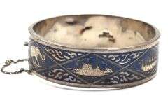 Vintage 1950s Siam sterling silver and niello Enamel hinged bangle