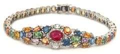 Darling Brand New European 19.09CTW Multi Colored Sapphires & Diamond Bracelet in 14K White Gold Ove
