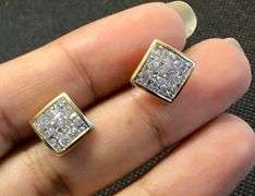 14K Yellow Gold Princess Cut Diamond Cluster Earring