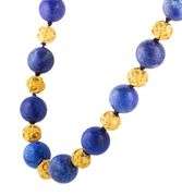 Blue Lapis Lazuli Intaglio Cylinder Beaded Station Necklace in 22K