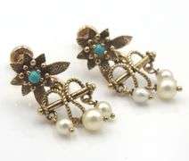 14kt Yellow gold turquoise and pearl dangle flower earrings