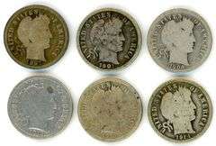 6 Different Barber Silver Dimes: 1897-1914-D