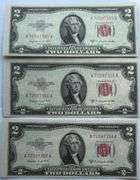 Three Near Consecitive CH CU 1953B $2 Red Seal US Notes