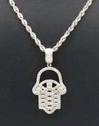 Heavy 14kt white gold 2.75ctw diamond Hamsa pendant on rope chain necklace