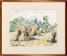 Rare Paul-Emile Pissarro Original Watercolor One-of-a-Kind Signed and Titled Stacked Sheaves in Avoi