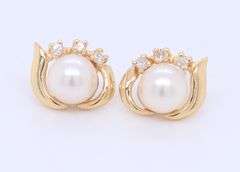 14kt Yellow gold 6mm pearl and diamond accent earrings