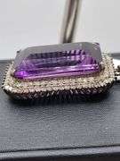 Striking 26.84ct Emerald-Cut Amethyst Pendant with 1.61ct Natural Diamonds in Sterling Silver