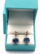 Very Rare Charming 6.00CTW Heart Shaped London Blue Topaz & Diamond Dangle Earrings in Sterling Silv