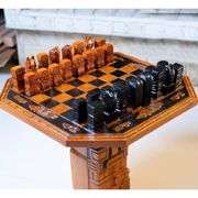 Collectors Hand-Carved Luxury Oak Wood Chess Set with Table
