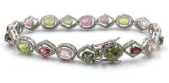 Exquisite 10.30CTW Oval & Pear Cut Faceted Multi Colored Tourmaline & Diamond Tennis Bracelet in 14K