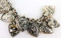 Antique Sterling Silver Puffy Heart Charm Bracelet