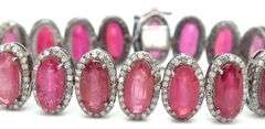 Darling 59.98CTW Oval Faceted Rubies & 5.27CTW Diamond Bracelet in 14K White Gold Over Sterling Silv