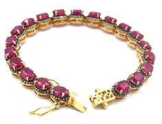 Dreamy 22.00CTW Oval Emerald-Cut Raspberry Red Ruby & Diamond Bracelet in 14K Yellow Gold Over Sterl