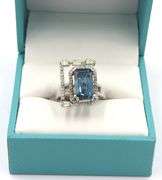 Amazing Very Rare 5.40CTS Emerald-Cut London blue Topaz & Diamond Ring in Sterling Silver