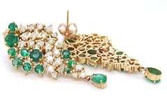16kt Yellow gold 3.25ctw Emerald and top light brown diamond dangle earrings