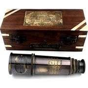 Brass Pirate Spyglass Telescope with Engraved Wooden Box