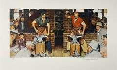 Rare Norman Rockwell Lithograph Signed Horseshoe Forging Contest, 1976
