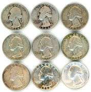 9 Silver Washington Quarters: 1934-1964-S