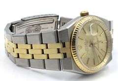 Rolex date just 2 tone 36mm champagne stick dial on fluted bezel in oyster quartz bracelet watch