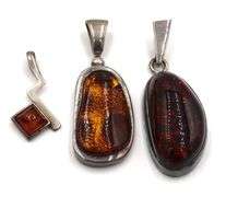 Lot of 3 Vintage 925 sterling silver amber pendants