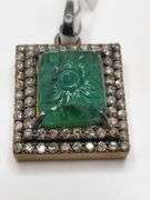 6.40ct  hand carved Colombian Emerald Pendant with 1.32ct Natural Diamonds in Sterling Silver