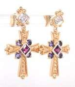 14kt Yellow gold Tanzanite and diamond accent cross earrings