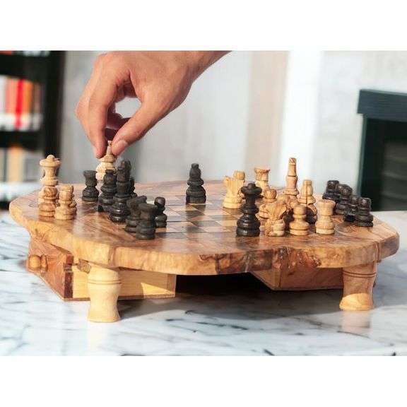 Handmade Olive Wood Chess Set 15-Inch Board with Storage