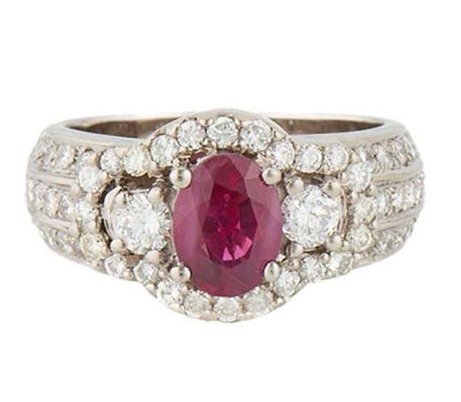 1.50ct Oval Ruby and 1.30ctw Diamond Three Stone Halo Statement Ring in 18K