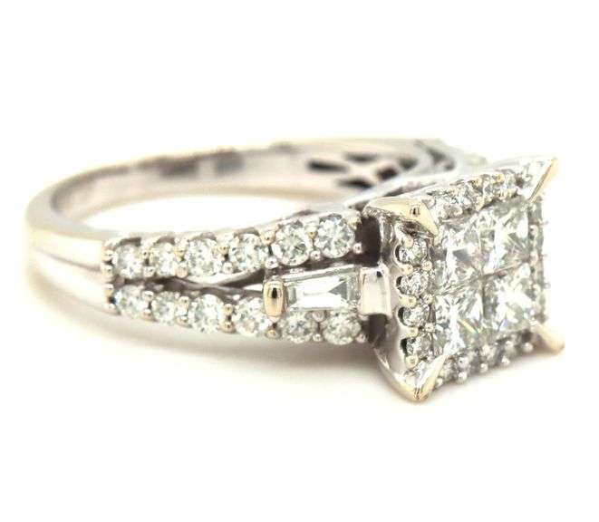 14kt White gold 1.25ctw Invisible set princess cut and round brilliant cut baguette ring