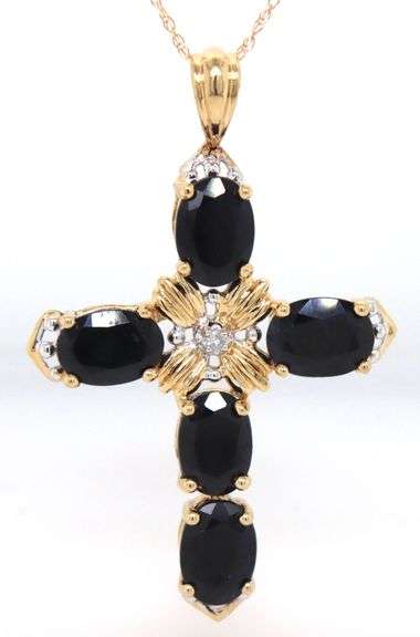 14kt Yellow gold blue sapphire and diamond accent cross pendant on chain