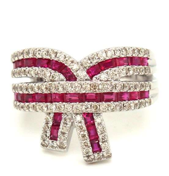 14kt White gold 1.35ctw ruby and 0.40ctw diamond bow ring
