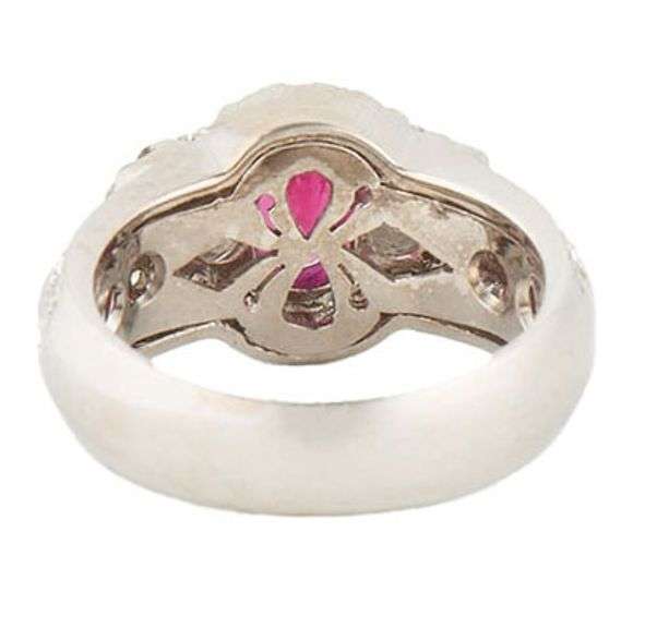 1.50ct Oval Ruby and 1.30ctw Diamond Three Stone Halo Statement Ring in 18K